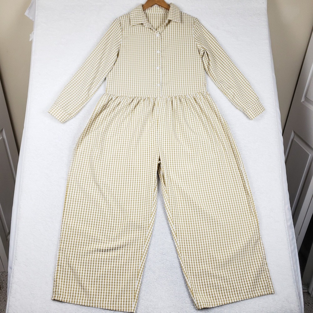 Shein Mustard Yellow Gingham Wide Leg Jumpsuit Collared Button Front L Farmhouse